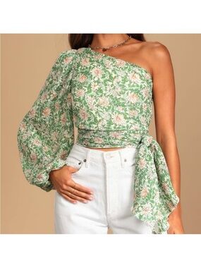 Lulu's Green Floral One-Shoulder Tie-Waist Crop Top